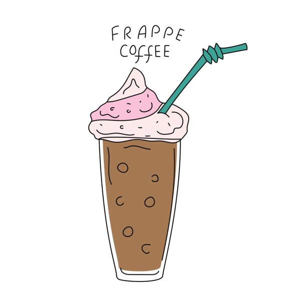 一杯咖啡。希腊冰咖啡饮品。线条图标。手写字体。冰咖啡甜点。涂鸦插画。咖啡时间。图片下载