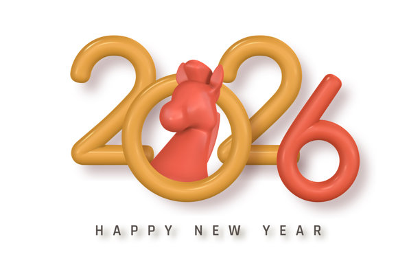 2026 快乐新年，配有 3D 金色数字和红色马匹造型。现代简约节日设计，象征马年。非常适合贺卡和海报。矢量插画图片下载