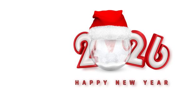 2026新年快乐设计，配有圣诞帽和雪景球，节日红白假日庆典概念，冬季问候排版艺术。矢量插画图片下载