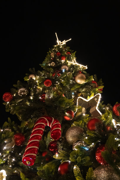 节日垂直照片，展示了一棵大型户外圣诞树的顶部，树上装饰着闪闪发光的饰品和明亮的彩灯，摄于夜晚。图片下载