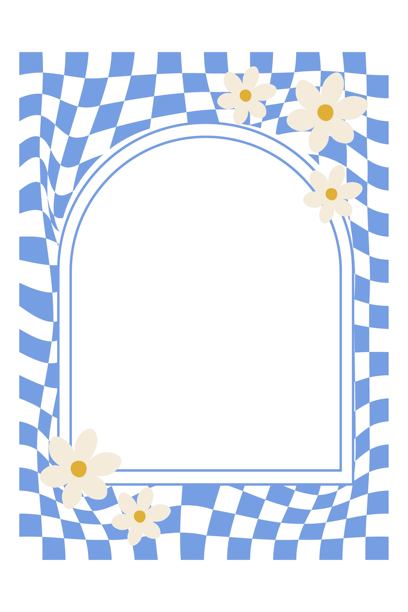 现代复古风格的蓝色格子波浪边框，配有奶油色花朵。非常适合海报、模板、印刷设计、数字版式和装饰。图片下载