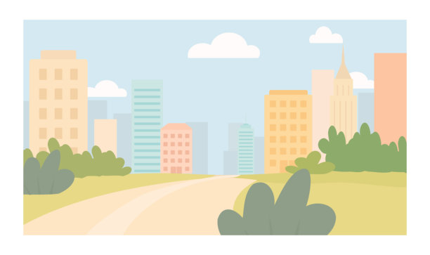 城市景观插画，现代建筑的城市风光，柔和色调的天际线和环保公园背景图片下载