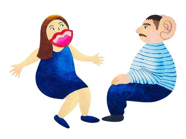 女士与男士的沟通对话，倾听与共情，生活方式的表达，八卦、秘密、消息，嘴巴，水彩画风格的艺术设计插画，卡通，心理健康图片下载