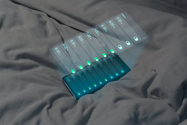 智能手机放置在褶皱的灰色床上用品上，通过其投射出的半透明玻璃屏幕显示了多个闹钟时间的未来派用户界面。图片下载