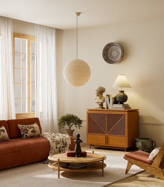 温馨的日式与斯堪的纳维亚风格融合的客厅内部，配有木制家具和陶土色沙发。三维插画图片下载