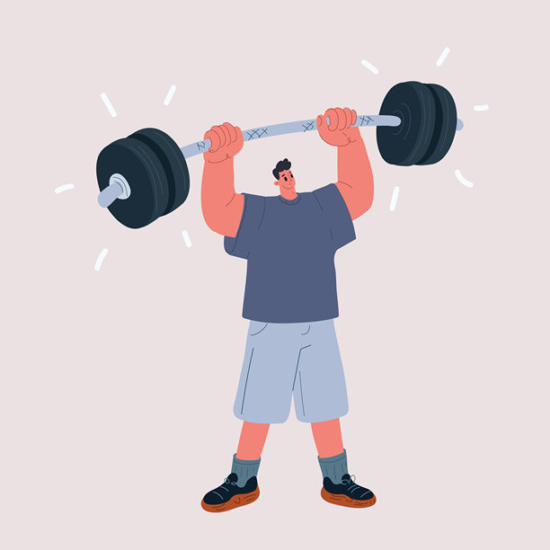 矢量插画，描绘一个举着杠铃的男人，象征着力量、决心和个人成就图片下载