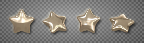 金色三维星星图标，具有闪亮的金属质感和逼真的反射，位于透明背景上。适用于奖项、庆祝活动或装饰的优雅奢华设计元素。矢量插画。图片下载