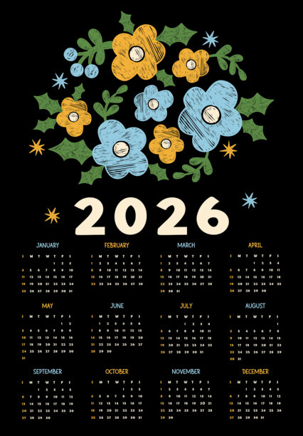2026年花卉年度日历。黑色背景上的蜡笔黄色蓝色花朵。纹理手绘。新年垂直模板，包含12个月（英文）。星期日开始。矢量插画。非AI生成。图片下载