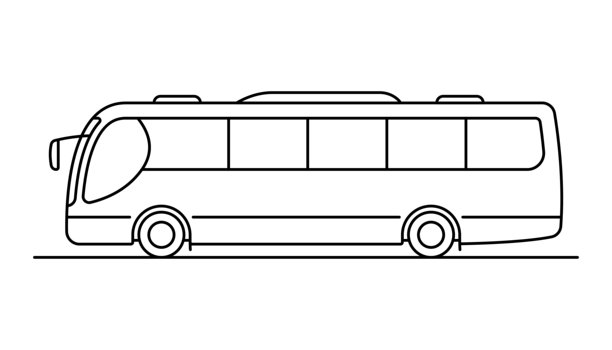 大型客车图标。黑色轮廓线性剪影。可编辑描边。侧视图。矢量扁平化图形插画。隔离在白色背景上的对象。图片下载