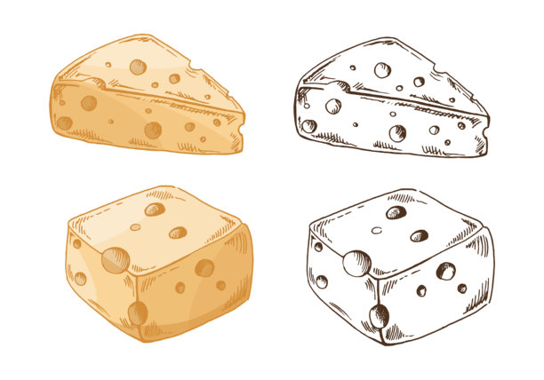 手绘复古风格的奶酪块和带孔的奶酪丁插画，包含彩色和单色版本，采用温暖柔和的色调，充满乡村风情的乳制品美食插画图片下载