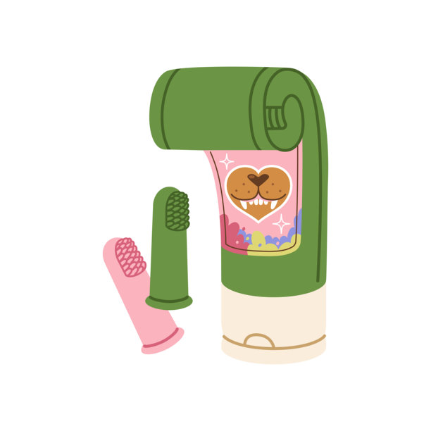 狗用牙膏管和两个硅胶指套牙刷，专为轻松有效地清洁狗狗牙齿而设计。宠物护理，犬齿卫生工具。矢量扁平化插画。图片下载