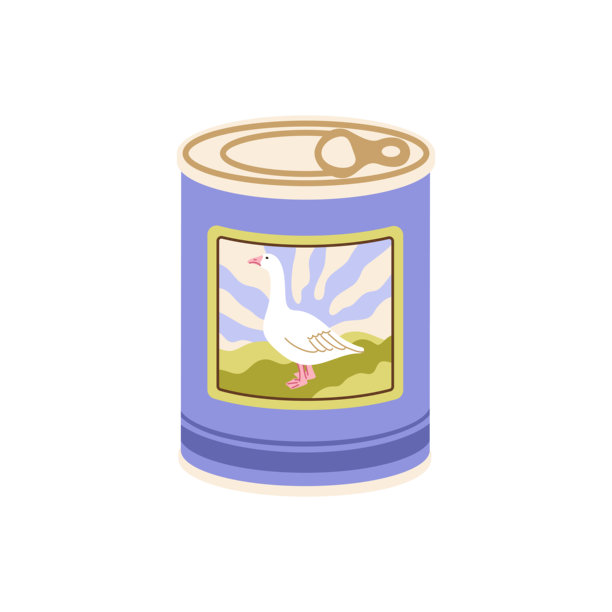 密封的金属罐头，内装狗粮或猫粮。标签上有一幅优雅的手绘白鹅插画。罐装优质宠物食品，含鹅肉，独立矢量图。图片下载
