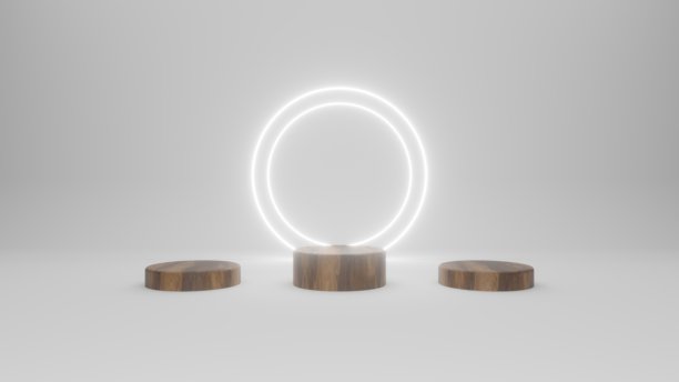 白色霓虹灯圆形讲台 木质背景 3D插画渲染。未来感极简产品展示，发光霓虹工作室，抽象展示台，现代灯光舞台，用于演示和设计图片下载