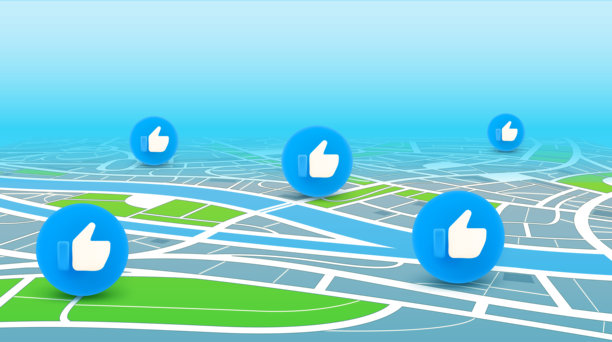 透视的满意度地图，带有竖起大拇指的图标。三维矢量插画图片下载