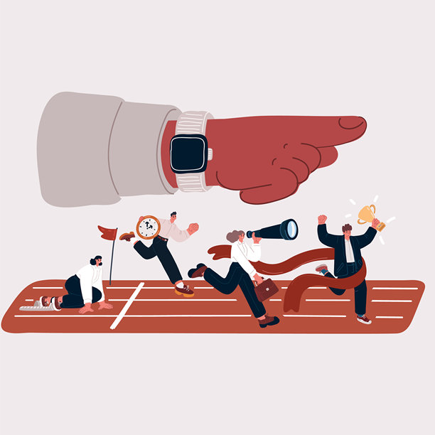 矢量插画，描绘了商务人士在跑道上奔跑的场景，象征着竞争性的商业团队和管理理念，并有一只手指向正确的方向。图片下载