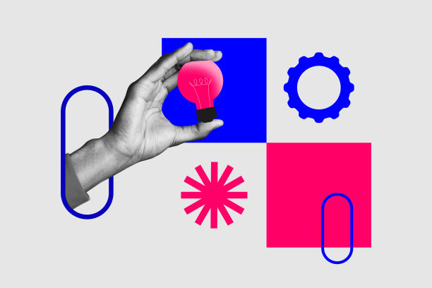 海报图片，人类手指向图表、灯泡、发展统计数据、计划、发现和进度图标的全3D照片拼贴图片下载