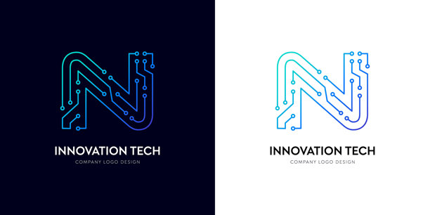 N字母未来感Logo设计，带有科技品牌企业形象的电线线条。标题：科技管理字体电路矢量图。创新科技现代网络字母公司字体设计。图片下载