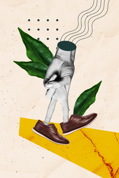 杂志拼贴艺术横幅，展示办公室植物、手臂佩戴、男士皮鞋、行走、春天、生长、花园、花卉概念图片下载