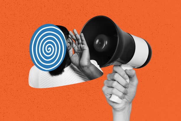 独家图片，全图拼贴，匿名男子手持扩音器，带有催眠、洗脑、煽动、宣传的图标图片下载