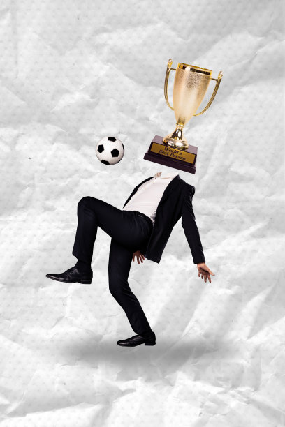 3D垂直艺术品横幅草图照片拼贴，无头匿名商人和足球比赛奖励酒杯获胜图片下载