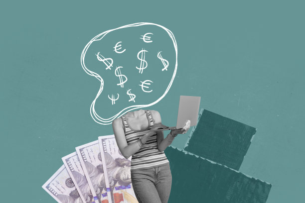 时尚的3D照片拼贴，一位匿名女商人/自由职业者手持笔记本电脑，收到欧元和美元钞票，象征资本收入图片下载