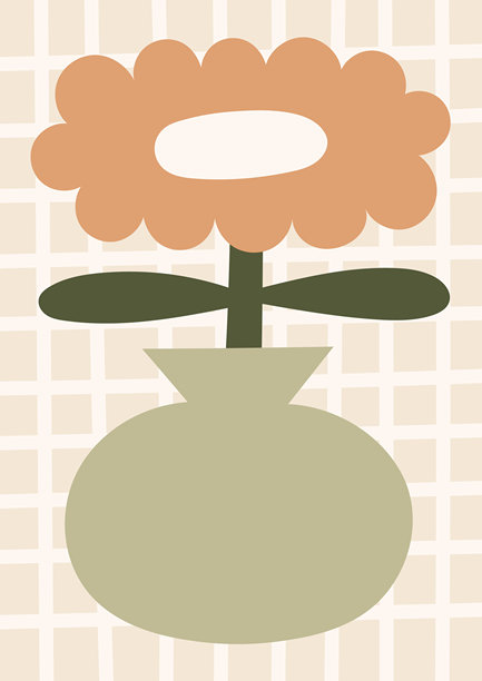 中性色花卉矢量插画。极简海报设计，花瓶中的花朵置于格子背景上图片下载