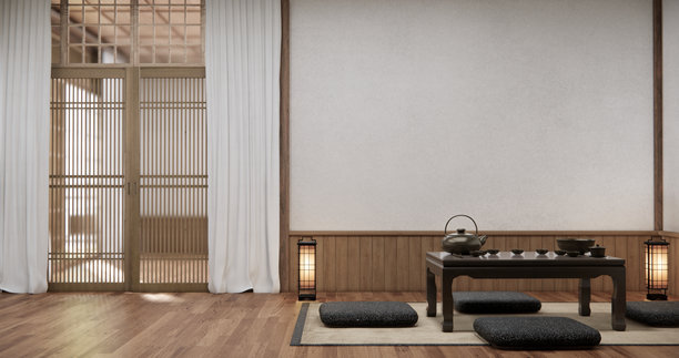 日式侘寂风格的扶手椅沙发和桌子装饰。3D插画渲染。图片下载