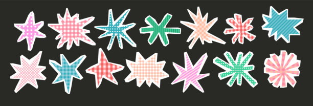 带有格子图案的撕纸星星套装。带有撕边效果的彩色爆炸形状剪纸。涂鸦式的心形碎片。矢量插画图片下载