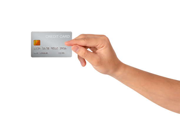 一张手持信用卡的照片，在白色背景下孤立。高质量的影棚拍摄。这个概念适用于科技、商业、金融、购物、生活方式、产品样机和广告。图片下载