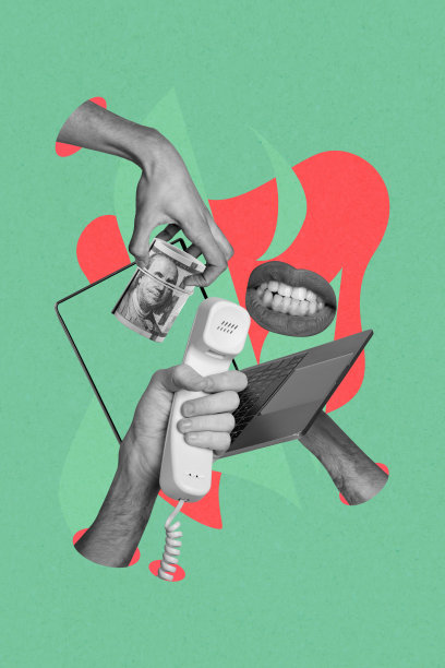 时尚艺术创意图片，拼贴画，一只手拿着电话听筒，一张鬼脸，美元，贿赂，笔记本电脑设备图片下载