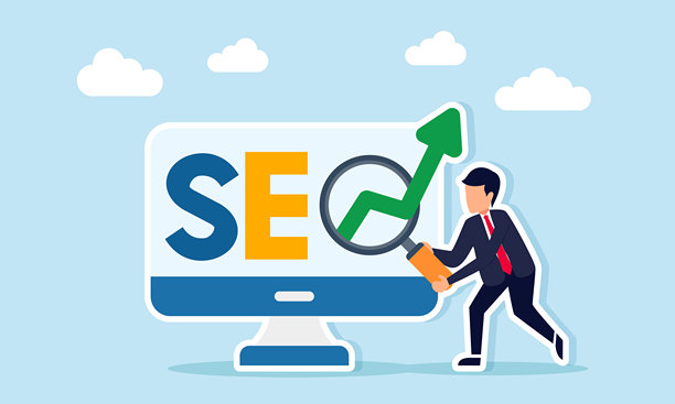商人使用放大镜分析电脑显示器上的SEO文本和上升箭头，插画展示SEO研究与分析以提升业务营销表现图片下载