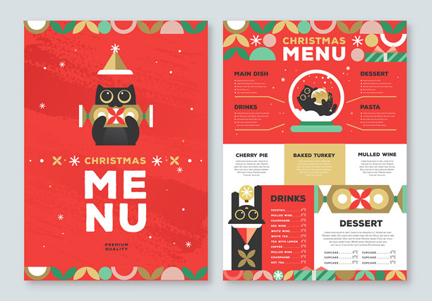 餐厅圣诞假日扁平菜单设计，配有搞笑猫咪。矢量插画图片下载