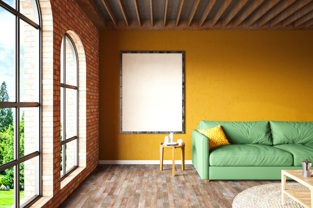 复古风格客厅，绿色沙发，黄色墙面空白画框图片下载