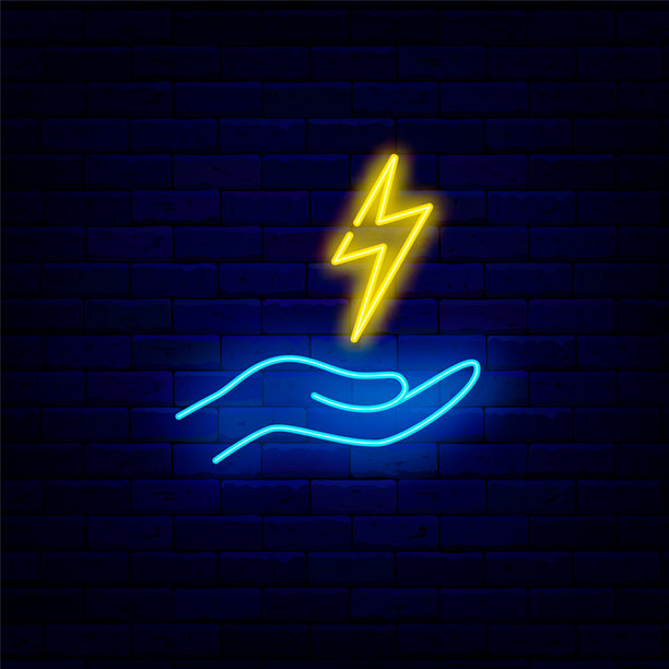 电动充电。手持闪电霓虹灯图标。替代能源。矢量素材插画图片下载