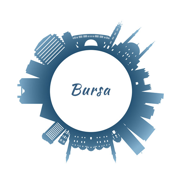 布尔萨城市天际线，色彩缤纷的建筑。圆形风格。矢量插画素材图片下载