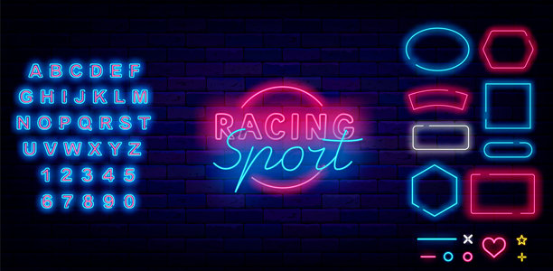 赛车运动霓虹标签带圆形边框。几何框架集。速度汽车锦标赛。矢量素材插画图片下载