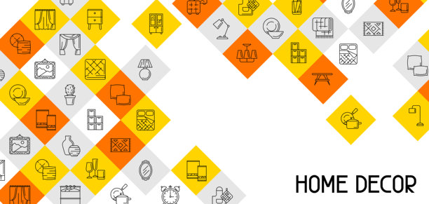 家居装饰图标背景。居家用品细线插画。图片下载
