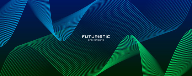 蓝色绿色线条的科技抽象背景，在黑暗空间中重叠，带有发光的波浪装饰。现代平面设计元素，条纹风格，适用于网络横幅、艺术、传单、卡片或宣传册封面。图片下载
