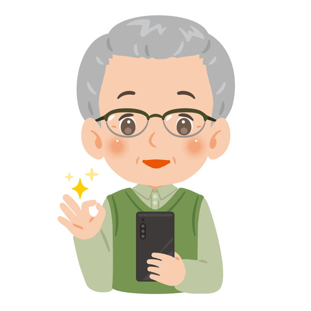 老年男性上半身插画，竖起大拇指，并手持智能手机。图片下载