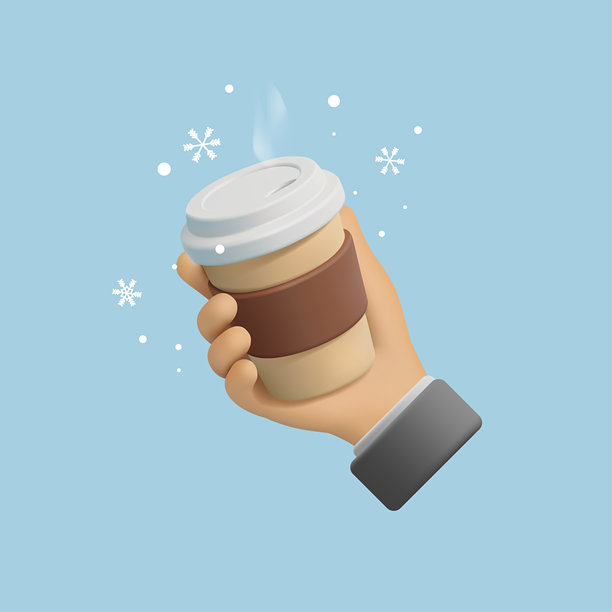 手持热咖啡杯，3D。冬日雪景横幅，用于香醇咖啡、茶饮概念。矢量插画。图片下载