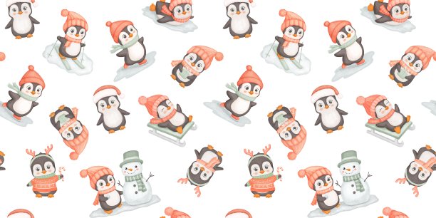 可爱的企鹅在冬天无缝水彩图案。婴儿的无尽背景。企鹅滑雪，有雪人。图片下载