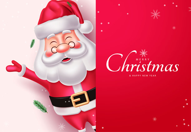 圣诞节问候矢量设计。红色许愿单上的“圣诞快乐，新年快乐”祝福语，配有冬季背景的圣诞老人形象。矢量插画贺卡。图片下载
