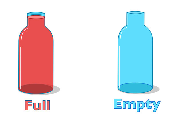 空瓶和满瓶。反义词，形容词。红色液体，杯中的果汁。带盖的，有光泽的，透明的。葡萄酒、化学、糖浆瓶。矢量插画图片下载