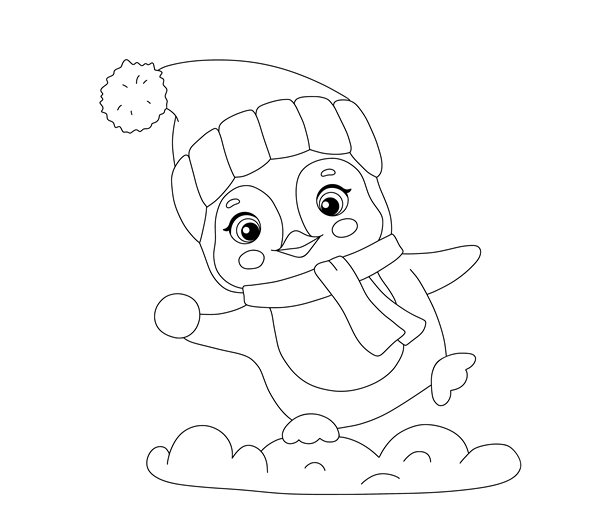 可爱的企鹅宝宝在雪地里玩雪球，戴着帽子和围巾的动物，冬季活动，用于涂色页的在线插图图片下载