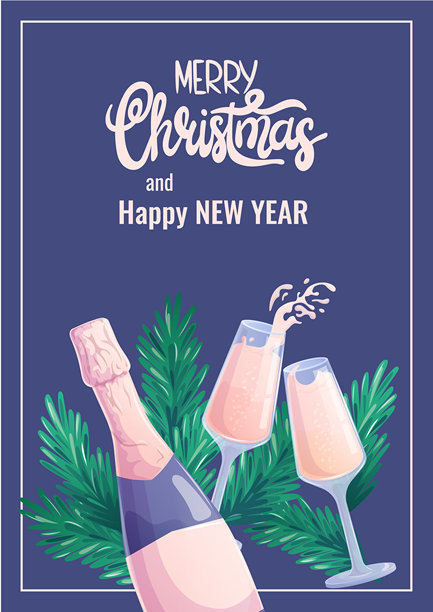 圣诞和新年贺卡设计模板。背景为圣诞树枝，上面放着一瓶香槟和几杯起泡酒。矢量插画图片下载