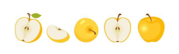 苹果组合。黄色苹果完整、半切和切片。矢量卡通扁平插画。新鲜水果图标。图片下载