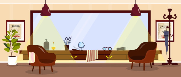 时尚美发沙龙室内矢量插画。美发沙龙卡通场景，配有大镜子、椅子、推剪、剪刀、刷子、化妆品、毛巾、眼镜、花盆、海报、带雨伞的衣架。图片下载