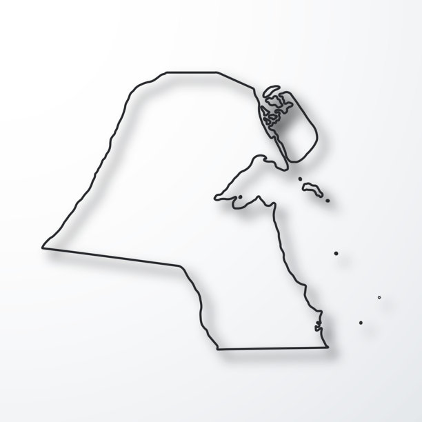 科威特地图。白色背景黑色描边带阴影。图片下载