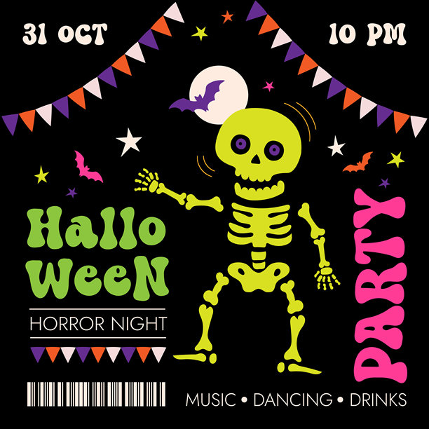 万圣节恐怖之夜派对方形海报、卡片、横幅、骷髅、蝙蝠、月亮、秋季活动、创意矢量插画图片下载