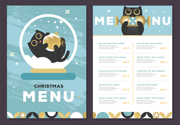 餐厅圣诞节日扁平菜单设计，蓝色背景上的搞笑猫咪。矢量插画图片下载